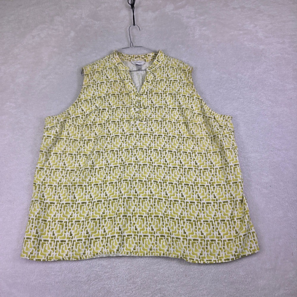 CJ Banks Womens 3X Sleeveless Blouse Lime Green White Geometric Split Neck Top
